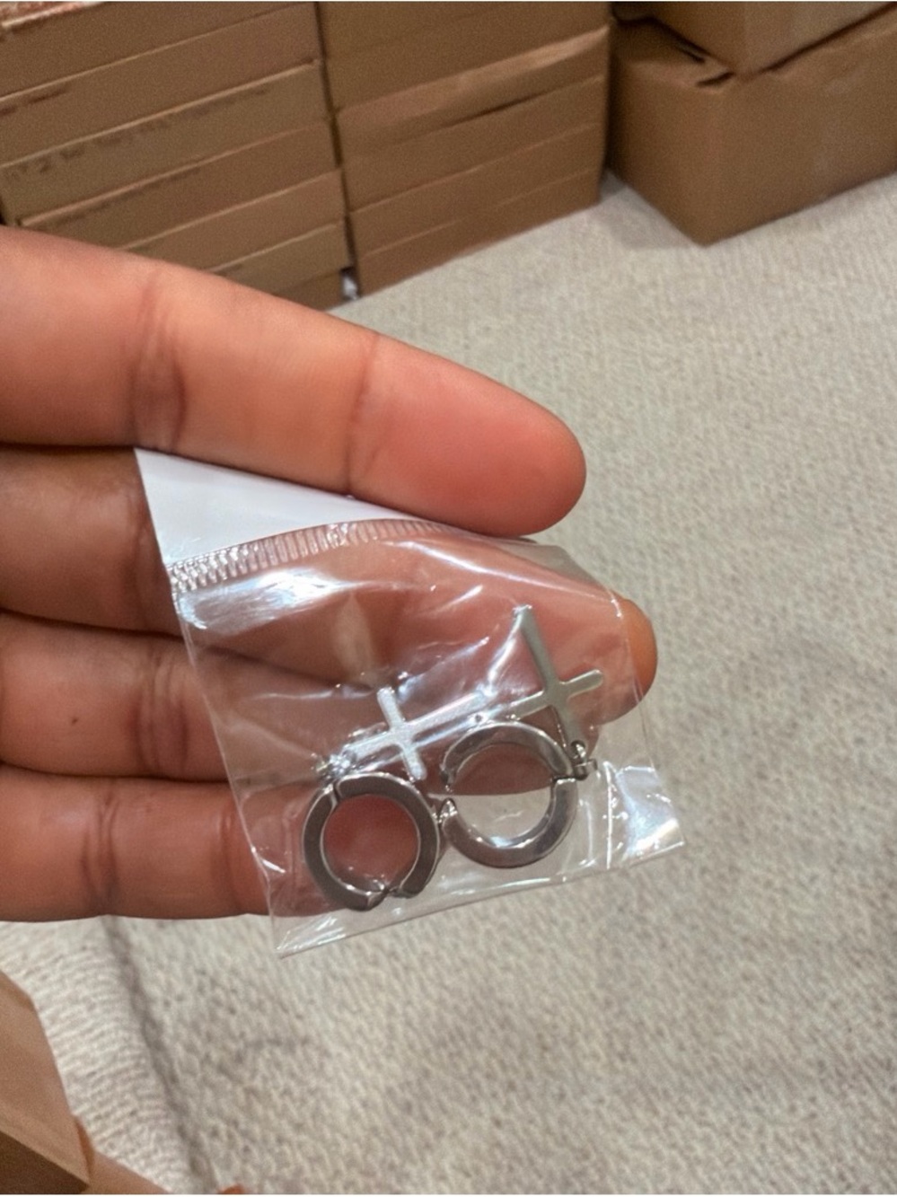 Silver Cross Hoop Huggie Earrings - Small Silver Hoops